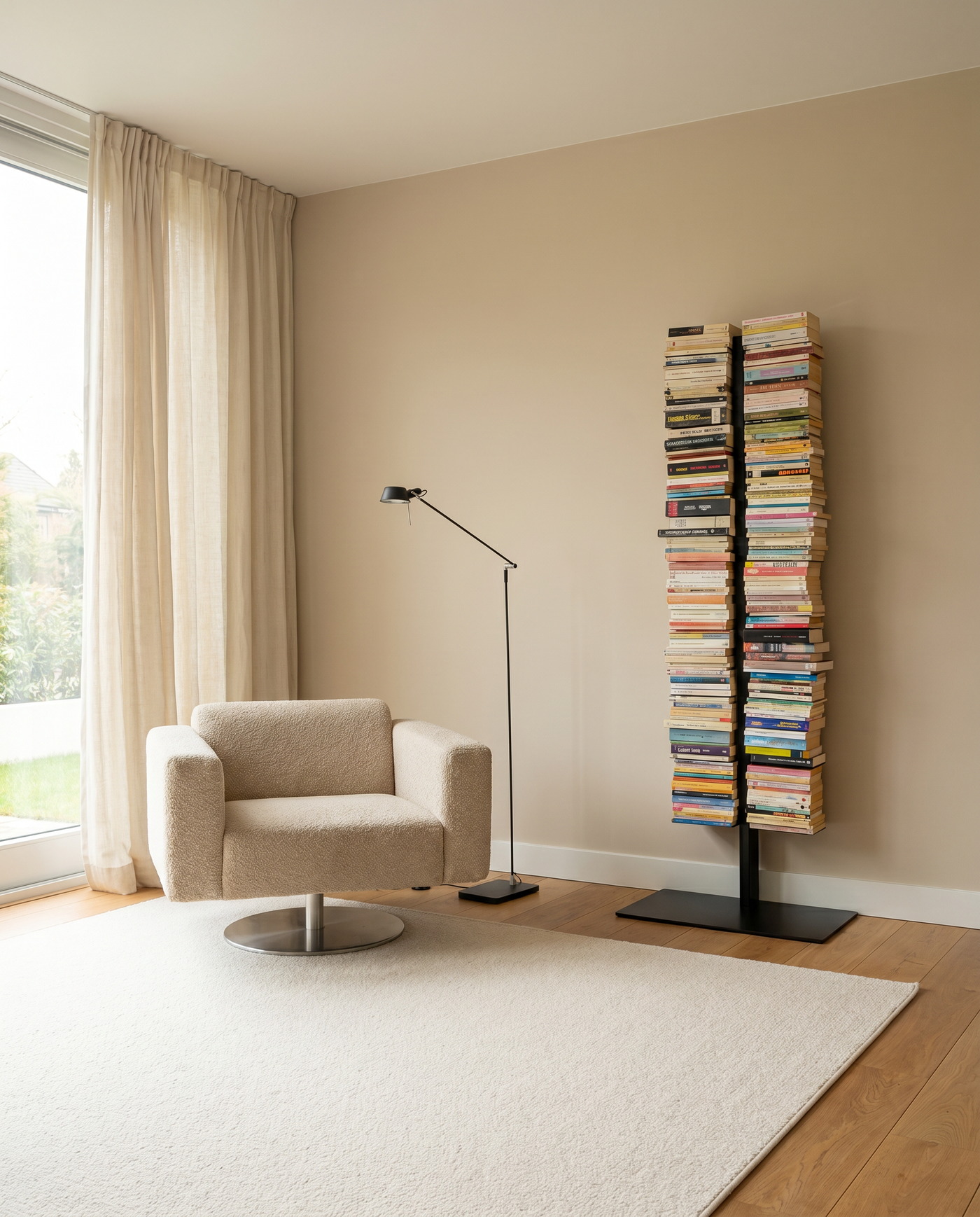Booksbaum — Bücherturm 1, Stand groß – Ambiente Beige 1 · KI-generiert