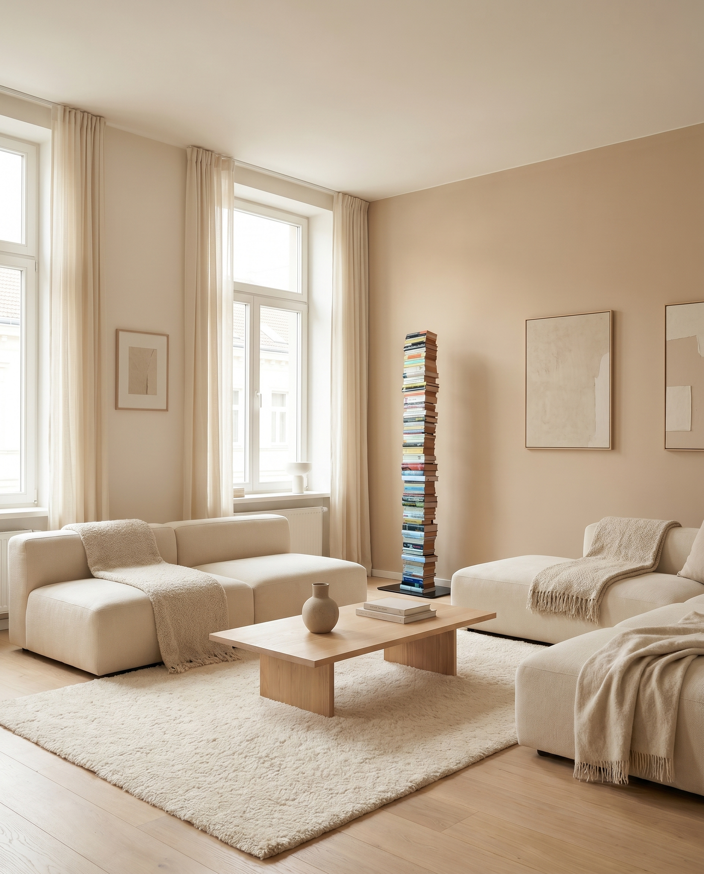 Booksbaum — Bücherturm 2, Stand groß – Ambiente Beige 1 · KI-generiert