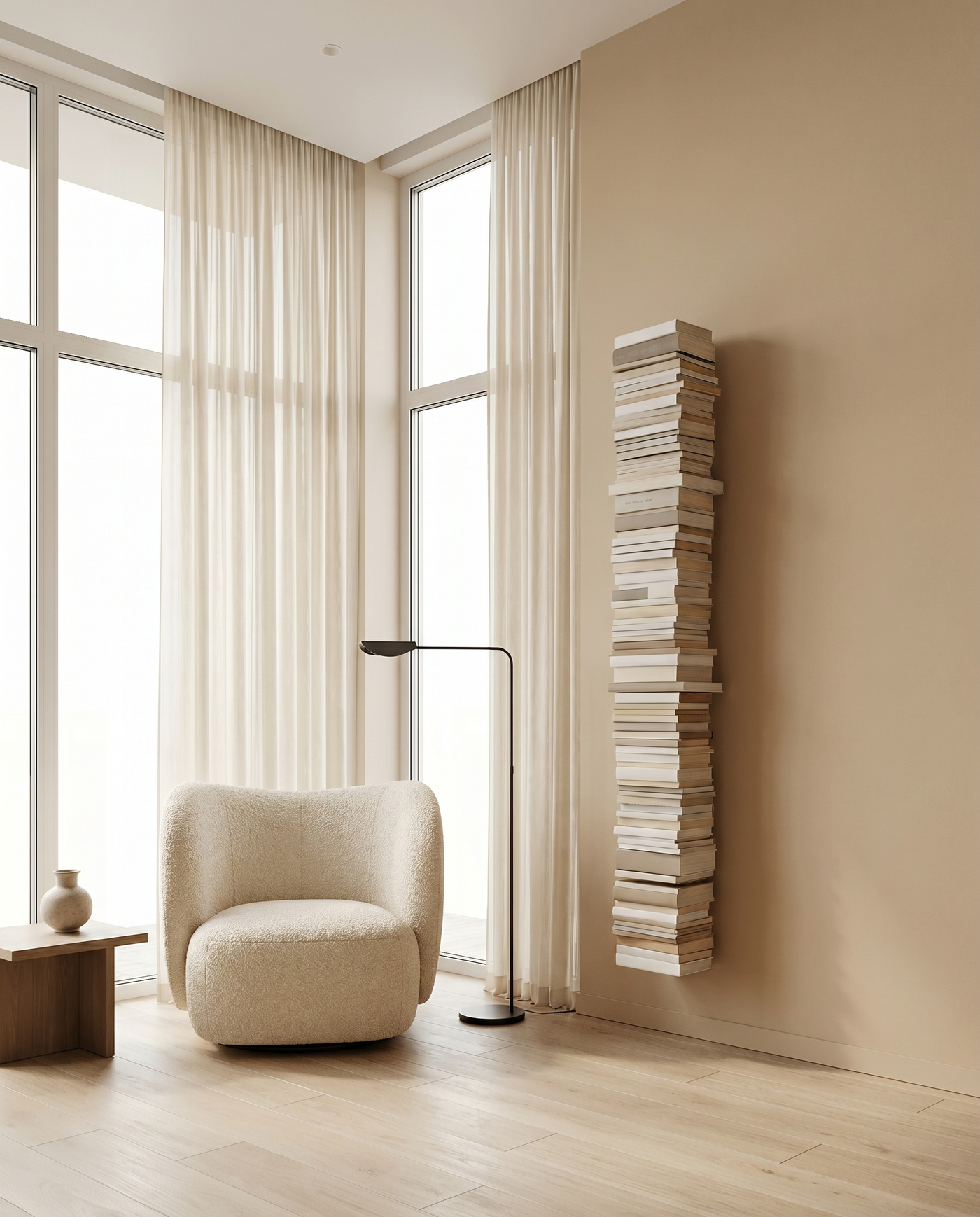 Booksbaum — Bücherturm 2, Wand groß – Ambiente Beige 1 · KI-generiert