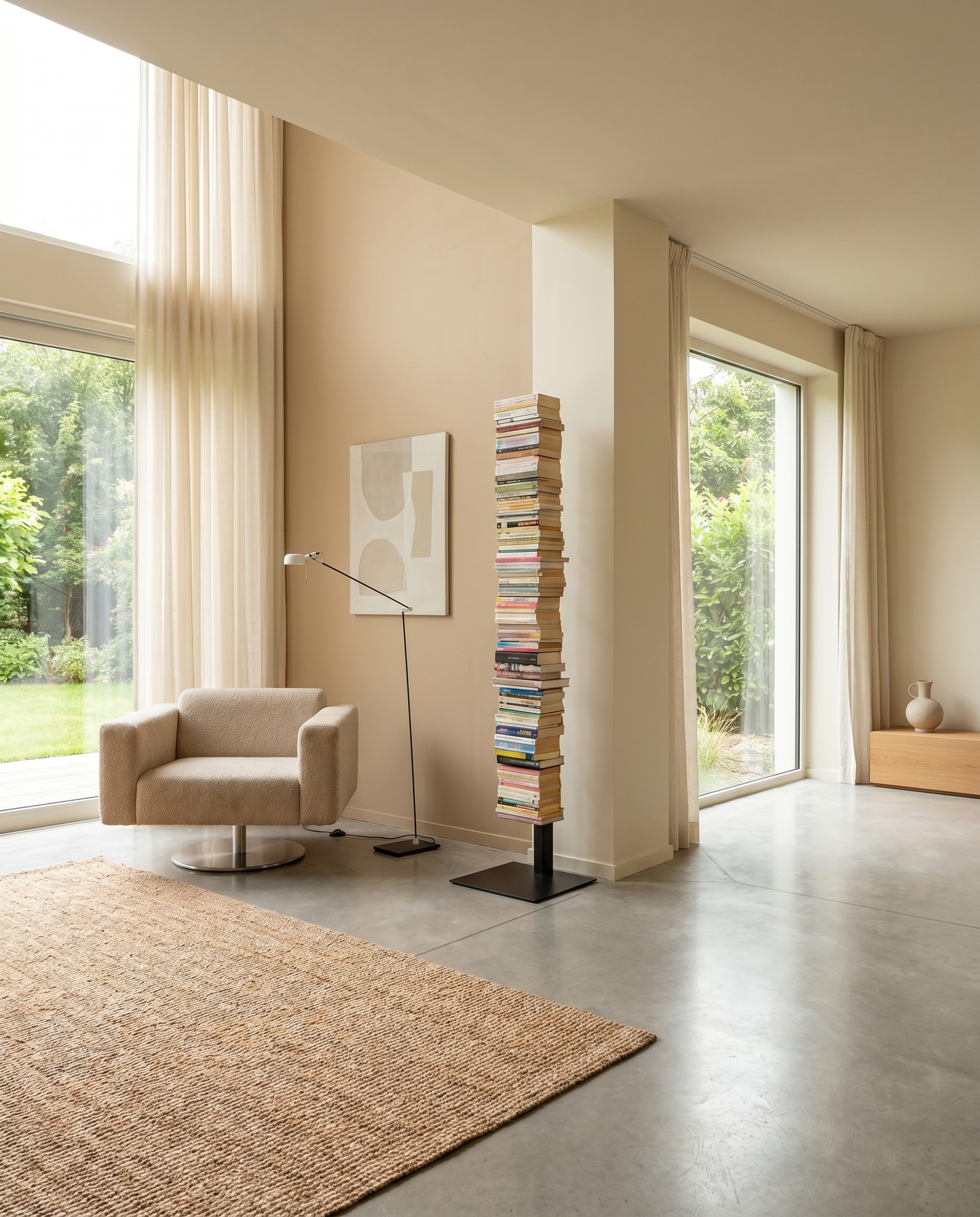 Booksbaum — Bücherturm 1, Stand groß – Ambiente Beige 2 · KI-generiert