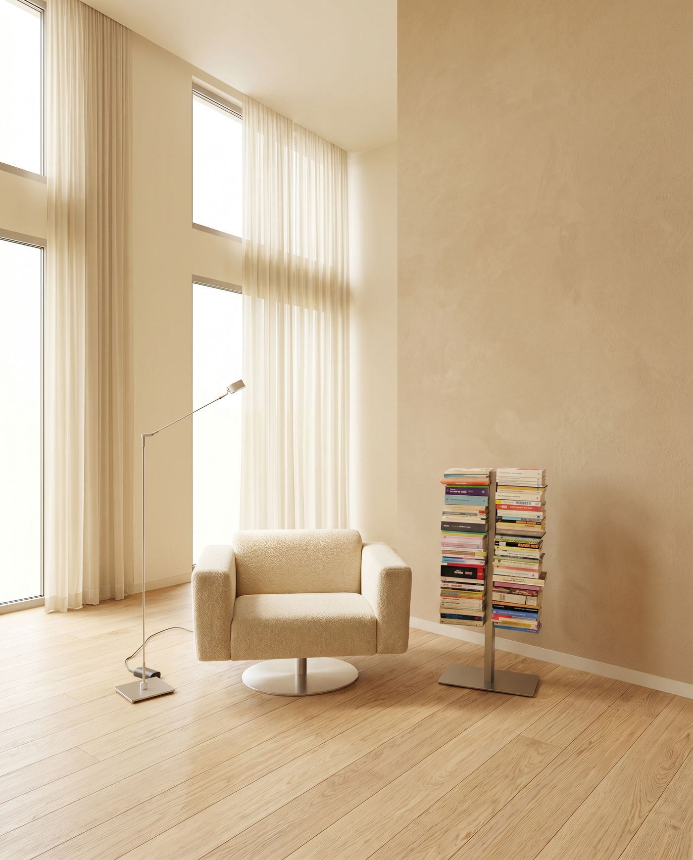 Booksbaum — Bücherturm 1, Stand klein – Ambiente Beige 2 · KI-generiert