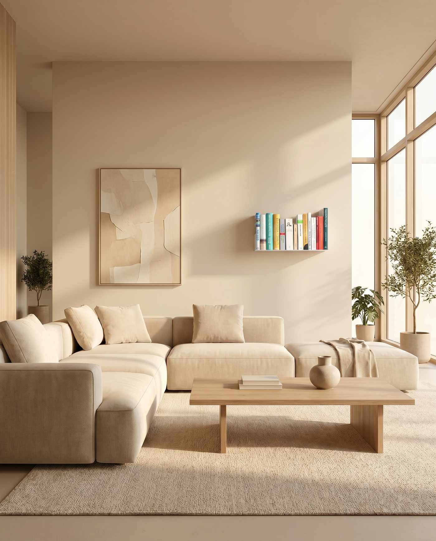 Booksbaum — Wandregal horizontal – Ambiente Beige 2 · KI-generiert
